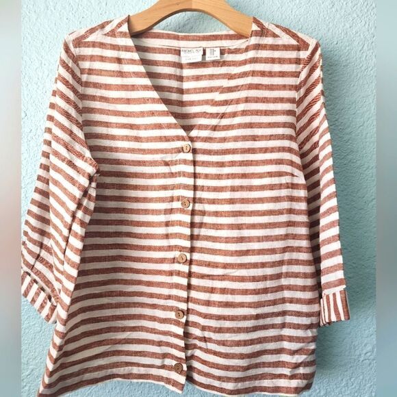 Rachel Zoe linen blouse boxi coastal stripe button front blouse - Picture 1 of 9
